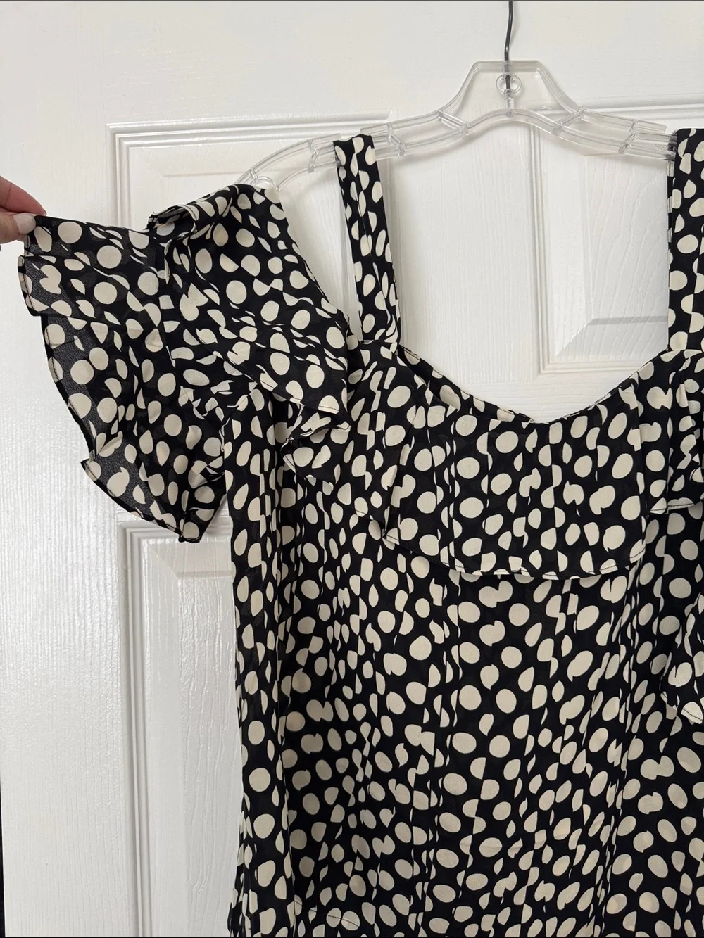 J. Crew Black and White Silk Polka Dot Ruffle Cold-Shoulder Blouse